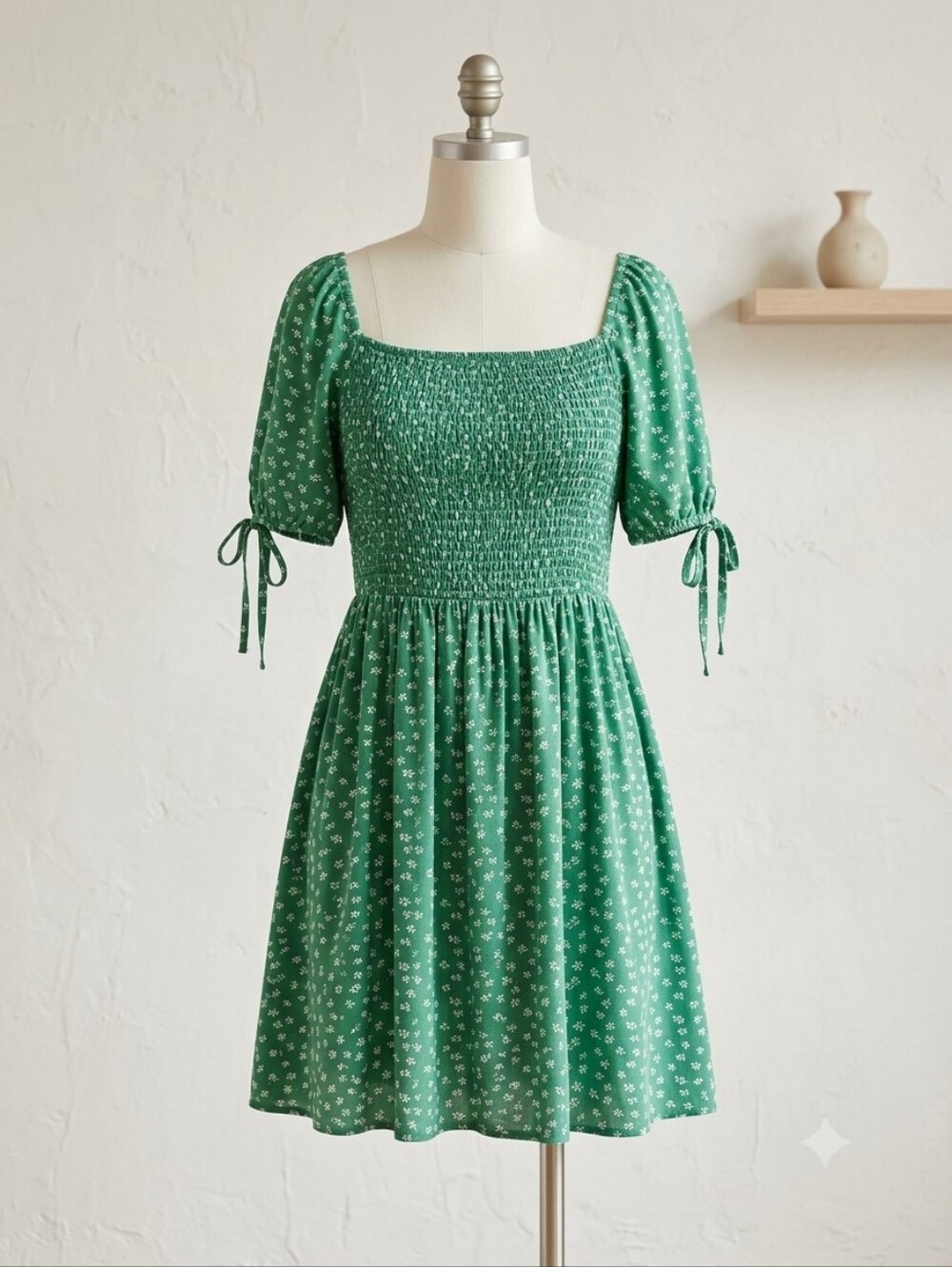 American Eagle Green Smocked Square-Neck Mini Dress, Size Large